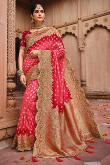 Pink woven semi silk saree with blouse