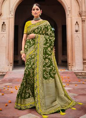Mehendi woven semi silk saree with blouse 1