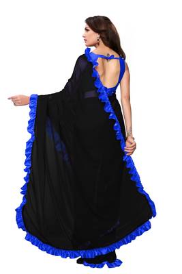 Black Colour Plain Georgette Saree With Blouse 2