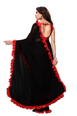 Black Colour Plain Georgette Saree With Blouse 2