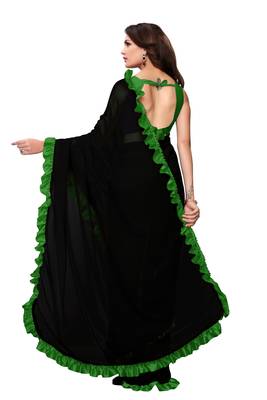 Black Colour Plain Georgette Saree With Blouse 2