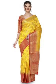 Yellow printed art silk saree saree with blouse