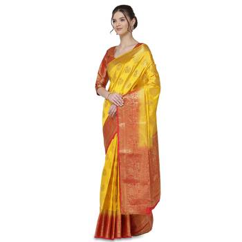 Yellow printed art silk saree saree with blouse 3