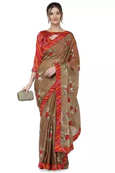 Beige woven chiffon saree with blouse