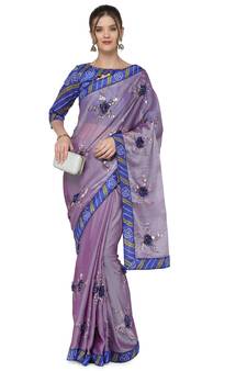 Blue woven chiffon saree with blouse