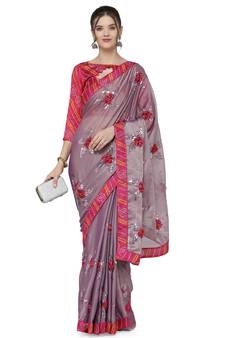 Pink woven chiffon saree with blouse