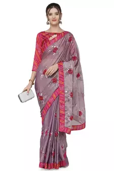 Pink woven chiffon saree with blouse