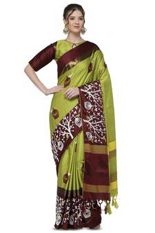 Green woven cotton silk saree with blouse