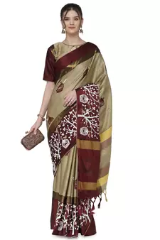 Cream woven cotton silk saree with blouse