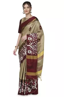 Cream woven cotton silk saree with blouse