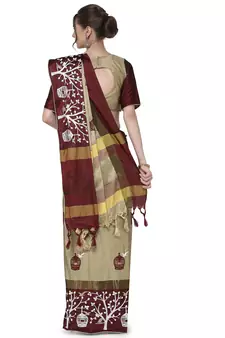 Cream woven cotton silk saree with blouse