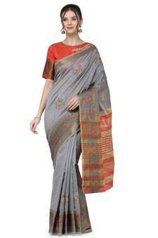 Grey embroidered silk saree with blouse