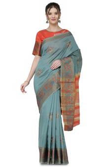 Light blue embroidered silk saree with blouse