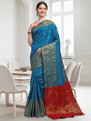 Blue woven jacquard saree with blouse 1