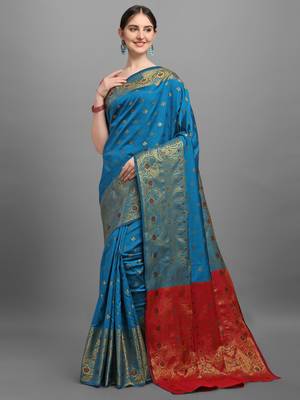 Blue woven jacquard saree with blouse 2