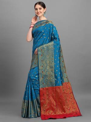 Blue woven jacquard saree with blouse 3