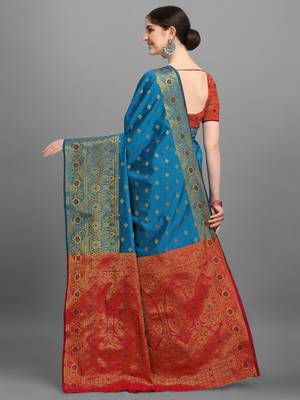Blue woven jacquard saree with blouse 4