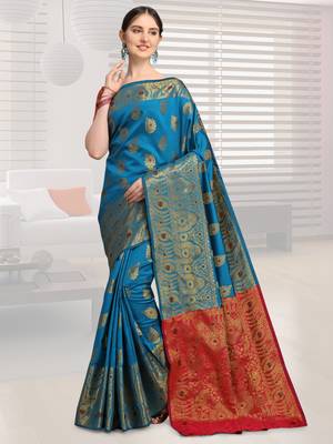 Blue woven jacquard saree with blouse 1