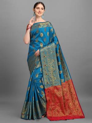 Blue woven jacquard saree with blouse 2