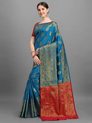 Blue woven jacquard saree with blouse 3