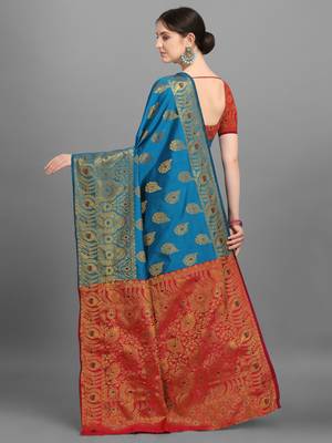 Blue woven jacquard saree with blouse 4