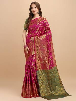 Pink woven jacquard saree with blouse 2