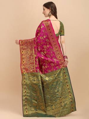 Pink woven jacquard saree with blouse 4
