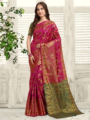 Pink woven jacquard saree with blouse 1