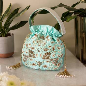 Sea Blue Pearl & Zardozi Work Potli Bag 1