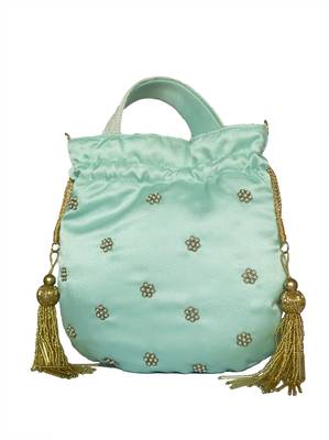 Sea Blue Pearl & Zardozi Work Potli Bag 8