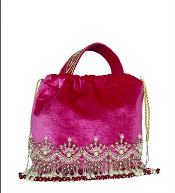 Designer Potli Bag with Zardozi work on Vibrant Pink Velvet 7