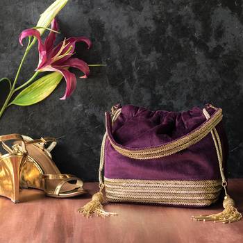 Gold Designer Work Potli Bag on Royal Purple Velvet 1