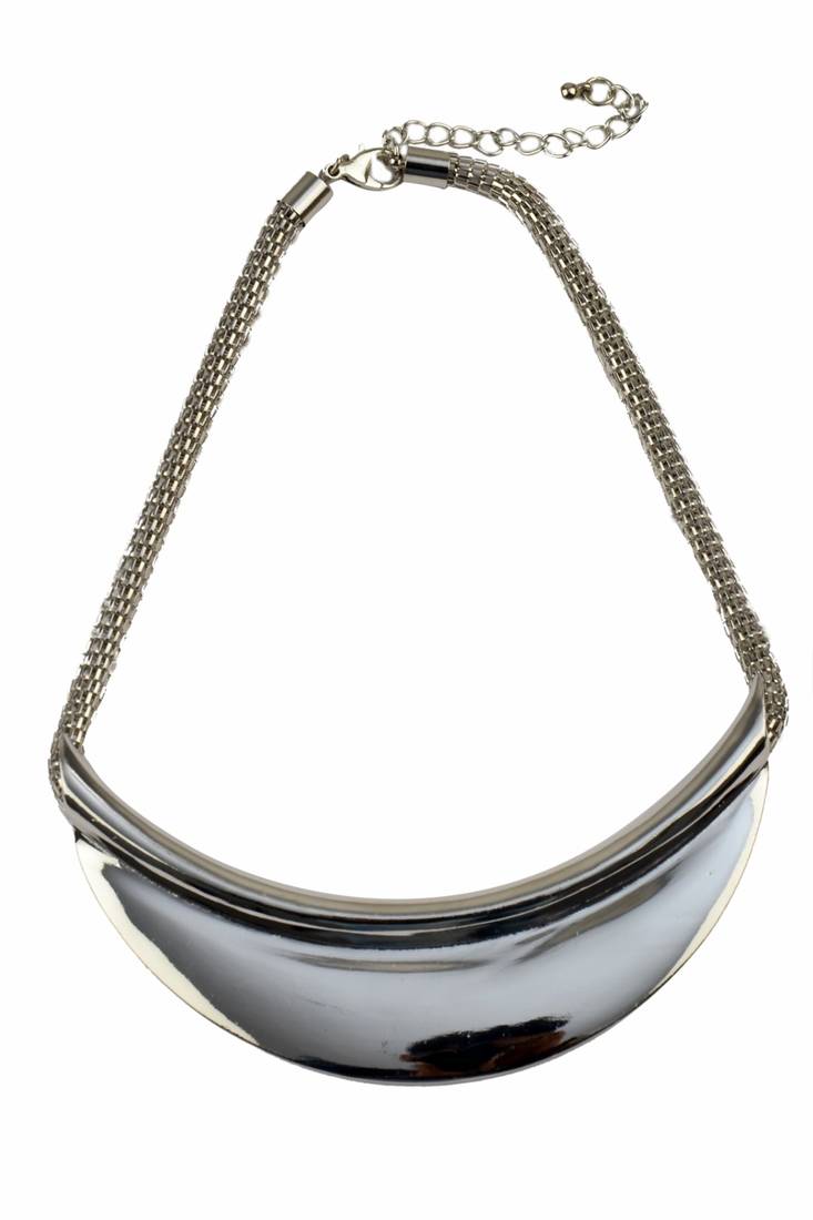 Shimmering Stiff Silver Crescent Necklace