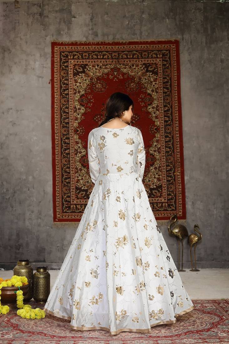 White Tafetta Silk Party Wear Gown Semi Stitched
