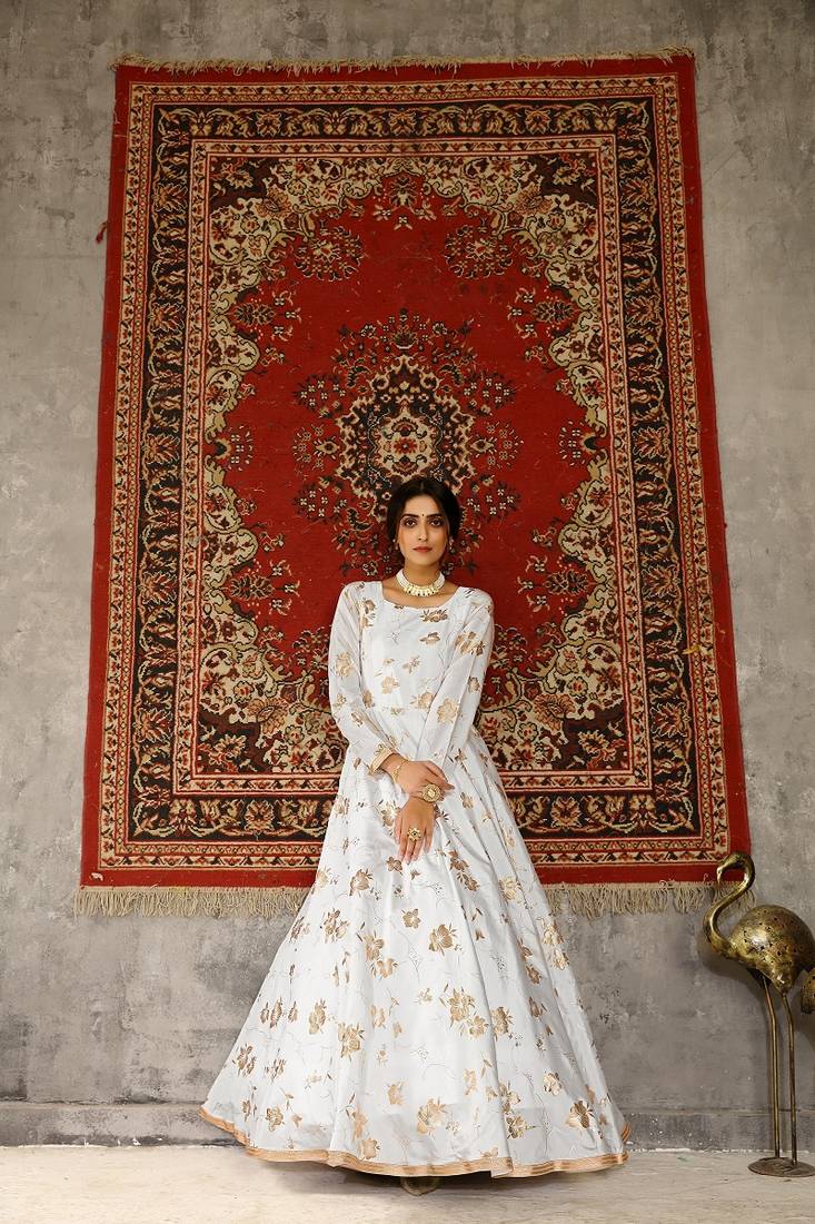 White Tafetta Silk Party Wear Gown Semi Stitched