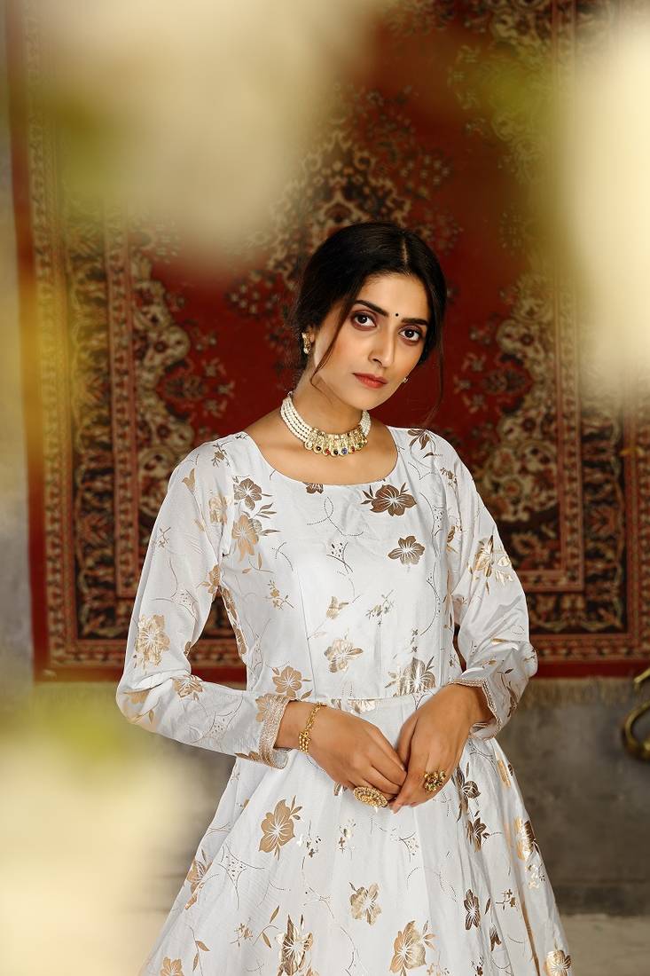 White Tafetta Silk Party Wear Gown Semi Stitched