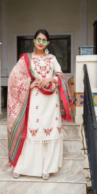 Hand Work Embroidery Work Cotton Kurta With Sharara And Silk Dupatta Set 1