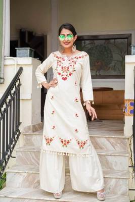 Hand Work Embroidery Work Cotton Kurta With Sharara And Silk Dupatta Set 3
