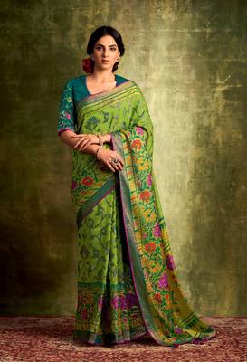 Women's Green and Maroon Color Printed Chanderi Silk Saree with Bangalory Silk Unstitch Blouse Piece 1