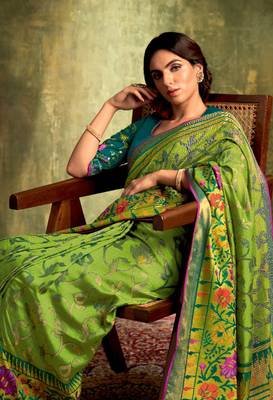 Women's Green and Maroon Color Printed Chanderi Silk Saree with Bangalory Silk Unstitch Blouse Piece 4