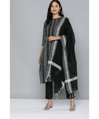 Kvsfab Black & White Striped Pure Handloom Cotton Unstitched Dress Material 1