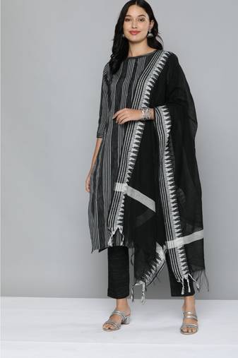 Kvsfab Black & White Striped Pure Handloom Cotton Unstitched Dress Material