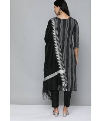 Kvsfab Black & White Striped Pure Handloom Cotton Unstitched Dress Material 3