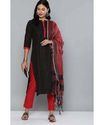 Kvsfab Black & Red Ethnic Motif Patterned Pure Handloom Cotton Unstitched Dress Material 1
