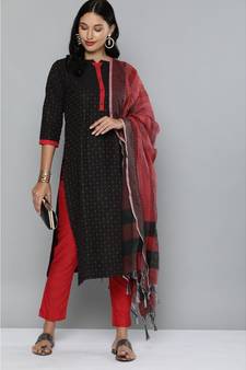 Kvsfab Black & Red Ethnic Motif Patterned Pure Handloom Cotton Unstitched Dress Material