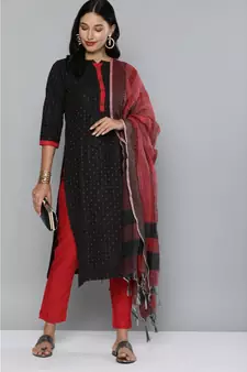 Kvsfab Black & Red Ethnic Motif Patterned Pure Handloom Cotton Unstitched Dress Material
