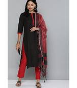 Kvsfab Black & Red Ethnic Motif Patterned Pure Handloom Cotton Unstitched Dress Material
