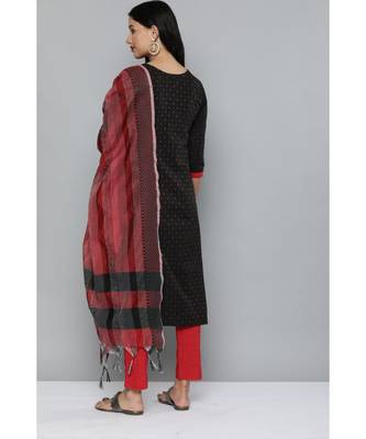 Kvsfab Black & Red Ethnic Motif Patterned Pure Handloom Cotton Unstitched Dress Material 2