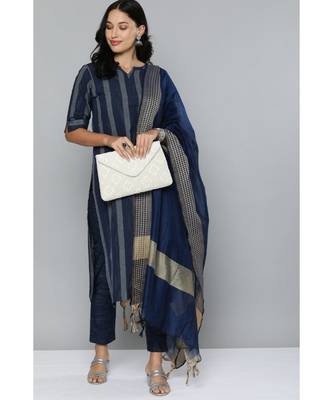 Kvsfab Navy Blue & Off White Striped Pure Handloom Cotton Unstitched Dress Material 1