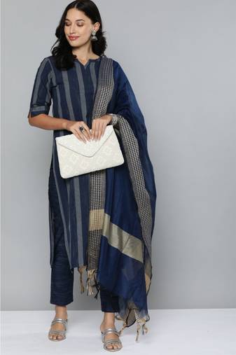 Kvsfab Navy Blue & Off White Striped Pure Handloom Cotton Unstitched Dress Material